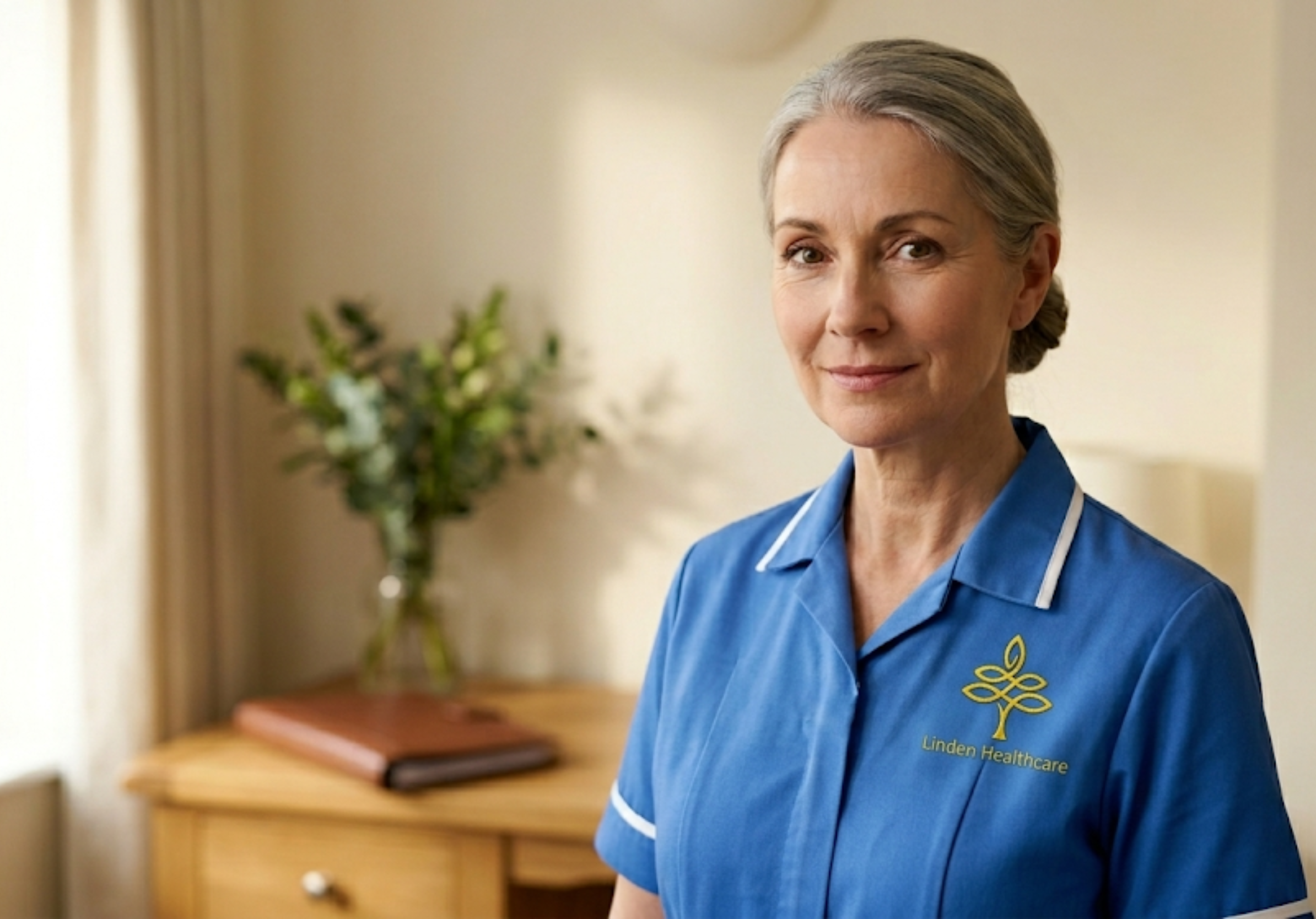An experienced Linden Healthcare care leader in a navy blue and white Linden Healthcare uniform in a warm Cambridge setting